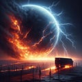 633 45. Lightning bolt hitting the ground in a fiery d
